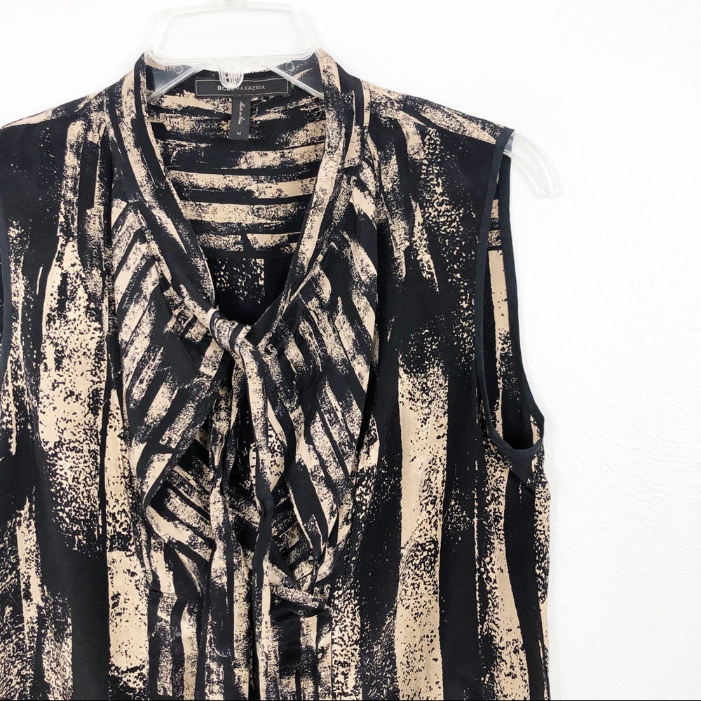 BCBGMaxAzria Front Tie V-Neck Printed Pleated Silk Sleeveless High Low Blouse - Picture 2 of 10
